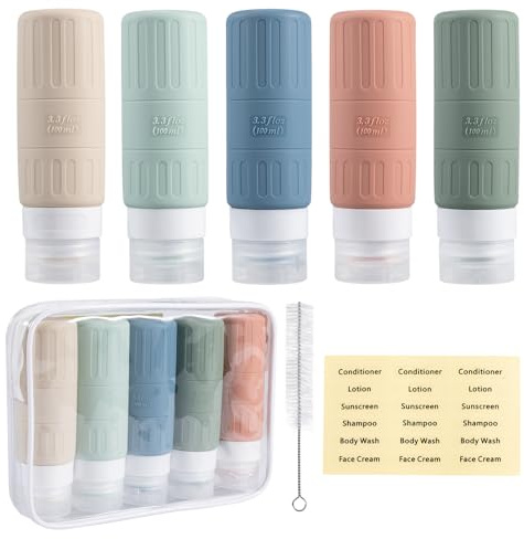 Carehabi 100 ml flaskor för fyllning, 5 stycken silikonreseflaskor resor för schampo duschgel kosmetika, klämflaskor Travel Bottles handbagage flygplan