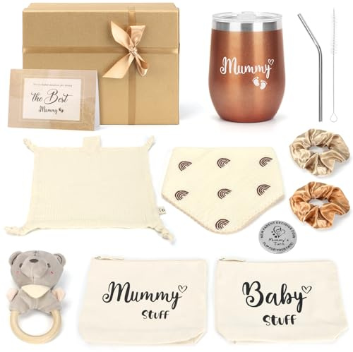 Nyfödda presentset för blivande mödrar, unisex för pojkar och flickor | Inkl. mamma termosmugg, träskallra, bomullspåsar, huvuddukar och babyhalsduk, färdig presentförpackning