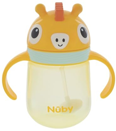 Nuby Character Sippy Cup Water Bottle - Weighted Straw | 240ml / 8oz | Carry Handle | Trainer Cup | Suitable Beaker for 6 Months Plus (Giraffe)