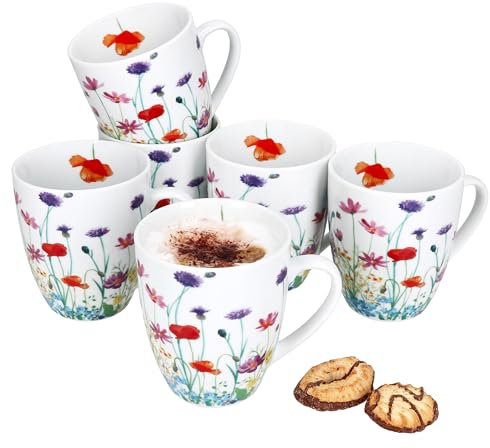 MamboCat Marie 6er Set Kaffeebecher I 320 ml I Porzellan-Becher mit Henkel & Blumenwiese für 6 Personen I Tassen für Heißgetränke wie Tee, Kakao & Co