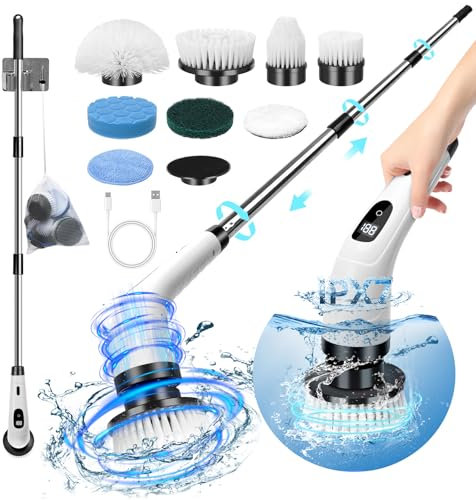 Cepillo Electrico Limpieza Hogar, Cepillo Limpieza Hogar con 8 Cabezales Reemplazables y Impermeable IPX7, Fregadora Giratoria Eléctrica, Cepillo para Limpieza del Hogar, Baño,Suelos,Bañera