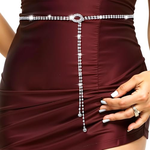 Bremorou Glitzer Gürtel Damen Strass Glitzer Taillengürtel Silber Glitzergürtel Kristall Gürtel Damen Strass Kettengürtel Glitzergürtel für Abendkleid Rhinestone Belt (110 cm)