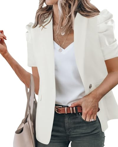 Women's Summer Blazers Casual Short Puff Sleeve Open Front Office Blazers Bussiness Jackets Work Suit White