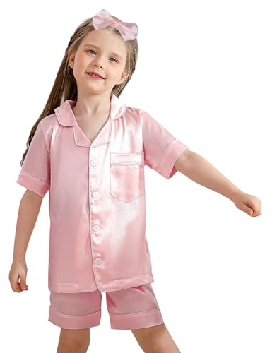 cenozo Pyjama Fille Garçon Ensemble en Soie avec Bandeau Boutons Pyjama Vêtement de Nuit Tenue de Maison Ensemble de Vêtements