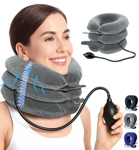 LuxoCare Dispositivo di Trazione Cervicale Gonfiabile Regolabile – Collare e Cuscino Cervicale per Alleviare il Dolore al Collo, Supporto Ergonomico da Viaggio con Pompa ad Aria (Grigio)