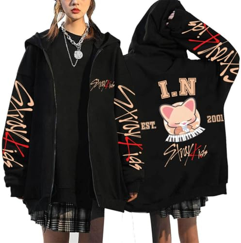 BaeKnyin Uomini Donne Stray-K1ds Felpe con Cerniera Casual Sciolto Sweatshirts con Cappuccio Elegante SKZ KPOP Streetwear Oversize Pullover con Stampa retrò M,Black4-1