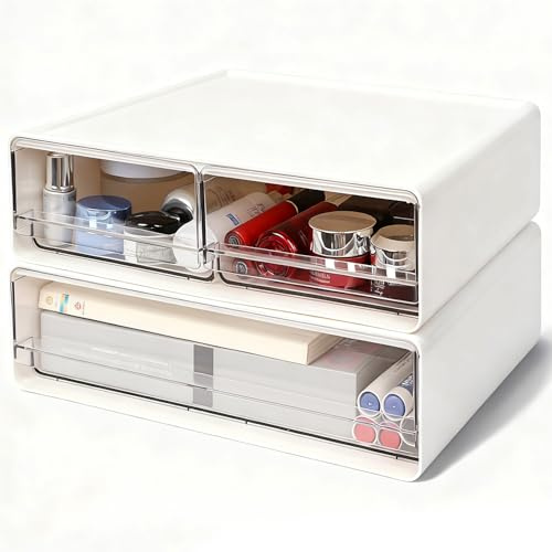 OSTWOLKE Cajonera de escritorio con 3 cajones: 2 unidades organizador de oficina con cajones grandes, apilables, cajas de plástico con cajón para suministros de oficina, cosméticos, color blanco