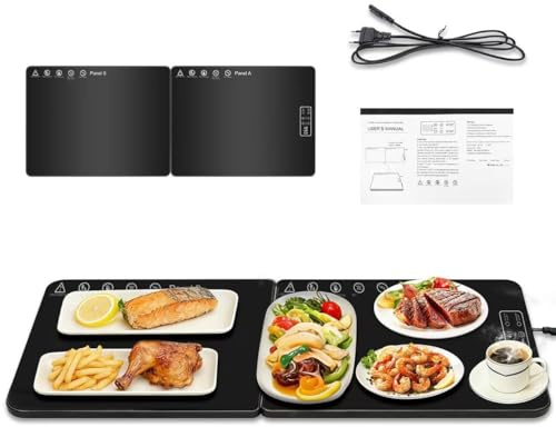 Jumzik Elektrische Warmhalteplatte 80×30 cm, Speisenwärmer Elektrisch für Speisen mit Temperaturregler und Timer, Doppelzonen-Heizung, Faltbar zum Warmhalten und Auftauen