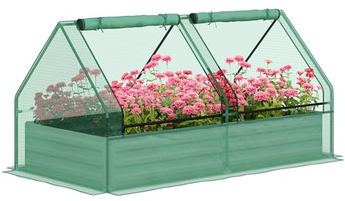 Outsunny Jardinera Exterior Grande con Mini Invernadero, Huerto Urbano de Acero Galvanizado con Base Abierta, Resistente a la Intemperie, para Patio, Terraza, Balcón, 185x95x92 cm, Gris y Verde