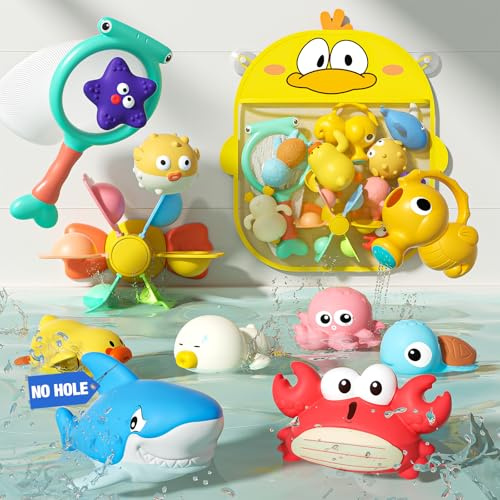 KADAYAYA Juguetes de Baño Bebé Set 12 Piezas con Animales Marinos y Red – Juguetes Bañera sin Agujero Bebé Bath Toys de Baño Flotante,Juguete Bañera Infantil para Baño y Piscina