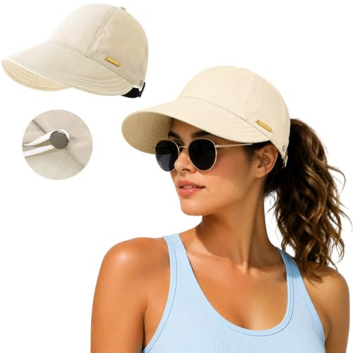 BZURTER Bob Chapeau de Soleil Femme UPF 50+ Anti UV, Chapeau Pliable avec Ouverture Queue de Cheval & Crochets Métalliques, Bob Respirant pour Plage, Voyage, Randonnée & Plein Air (Beige)