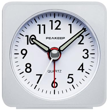 Peakeep Ultra Small, Battery Travel Alarm Clock with Snooze and Light, Silent with No Ticking Analog Quartz (White)