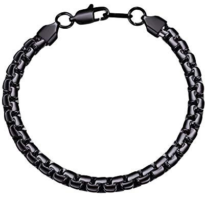 Bandmax Herren schwarz Edelstahl Erbskette Armband 22cm/6mm klassische Gliederarmband schlicht flache Armkette Modeschmuck für Männer Jungen