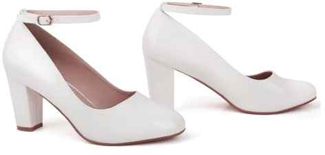 Bismaa Womens Unisex Buckle Ankle Strap Mid Block Heel Shoes Plus Size 9 10 11 12 (White Patent, Numeric_8)