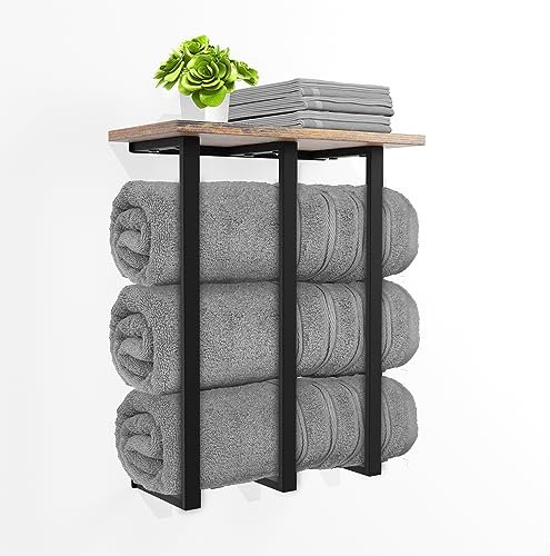 Towel Rack Wall Mounted With Shelf, Bathroom Towel Storage For Rolled Towels, Perfect Organizer For Small Bathrooms, 3 Sturdy Iron Bars & Supports 25kg Weight
