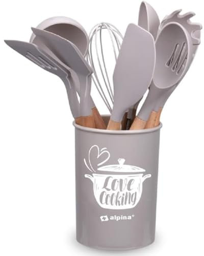 BAKAJI Set di Utensili da Cucina con Portautensili in Silicone e Legno Tortora, Supporto con Attrezzi per Cucinare Antiaderente Resistenti Calore, Pinza Barbecue, Cucchiai, Mestolo, Spatola, Lavabili