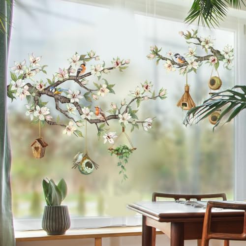 AIBIIN Birds Tree Branch Window Stickers Floral Green Leaves Nest Static Glass Decal Double-Side Window Decals for Bedroom Living Room