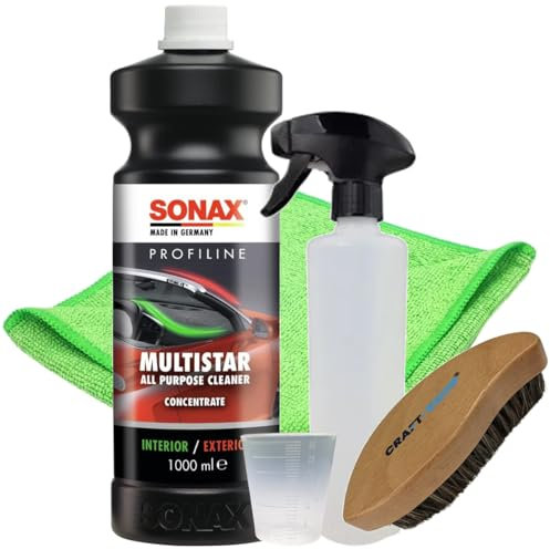 Craft-Equip Reinigungs-Set bestehend aus dem SONAX 1000ml Profiline Multistar + Zubehör (Sprühflasche, Microfasertuch, Lederbürste, Messbecher)