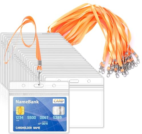 50pcs Orange Lanyards for Neck with Clear Plastic ID Card Holders | Horizontal Sealable Waterproof Name Badge Holders with Nylon Lanyard for ID Cards Office School Bus Passes Doctors Visitors