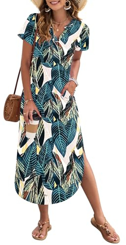 AUSELILY Women's Summer Midi Dress with Pockets V Neck Leaf Print XXL