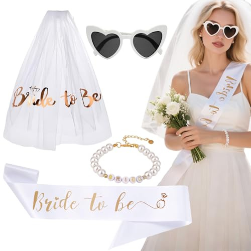 4PCS Despedida de Soltera Accesorios Bride To Be Team Bride Velo Novia con Peine, Satin Sash, Gafas de Sol Corazon Perlas Pulsera para Decoración Fiesta Nupcial Fotografía