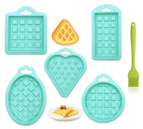 6 stycken non-stick mini våffelmuffins tårtformar hjärta muffinsform multifunktion hem gör-det-själv återanvändbar våffla bakformar frukost recept (grön) fem former med silikonborste