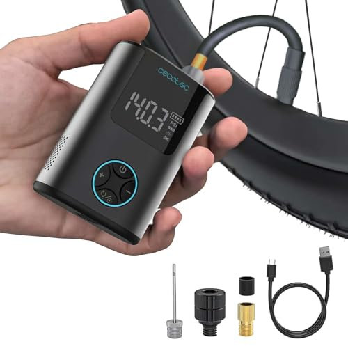 Cecotec Compresor de Aire Portátil, Inflador Eléctrico Compacto para Bicicleta, Moto, Coche y Balones Mini Air MAX. Doble Batería 600mAh, Capacidad Inflado de 150psi, Motor Brushless, 150gr