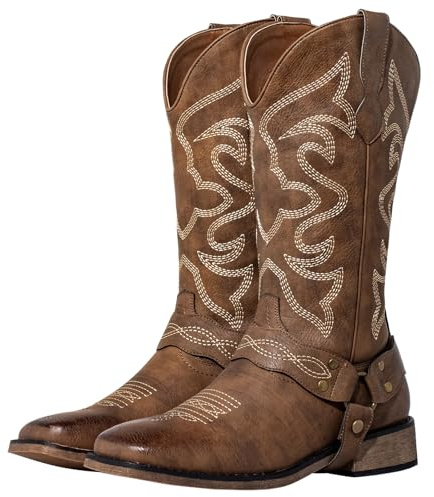 WrangWalker Square Toe Cowboy Boots for Women with Buckle Strap - Lightweight Wide Calf Western Cowgirl Boots with Cushion Insole, Brown US 10