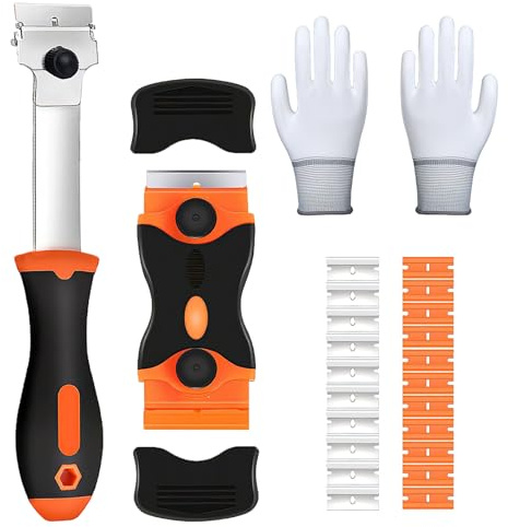 Joyawadori Kit de herramientas de raspador de vidrio, 20 cuchillas y guantes, raspador de ventana con cuchillas, para cocina, vitrocerámica, horno, cocina limpia