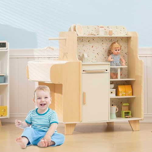 Toy Washing Machine Play Kitchen Playset, Wooden Pretend Laundry Sink Unit with Faucet, Kids Wooden Baby Doll Crib with Storage Cabinet and Bedding, Wooden Toys Kids Kitchen for Toddlers Age 3+