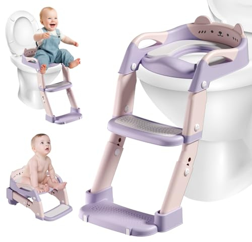 Asiento de inodoro para niños con escalera, 3 en 1 Reductor WC Multifuncional, Altura Ajustable y Antideslizante, Entrenador de Inodoro Adaptador para Niños y Niñas (Morado)