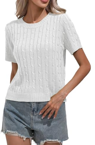 Foweknow Sudadera de manga corta para mujer, de verano, cuello redondo, informal, elegante, de punto, a la moda, ligera, transpirable, parte superior de punto, jersey fino, jersey de punto fino