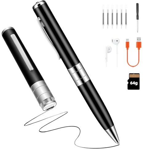 Stylo Enregistrement Vocal pour Les Cours, Les réunions, Les entretiens | 64 Go, Automatique et continu par Activation rotative, enregistreur Audio Invisible