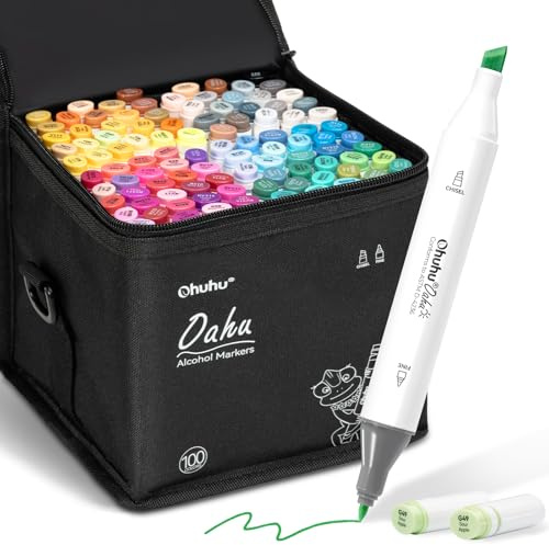 Ohuhu Alcohol Markers Double Tipped Art Marker Set for Artists Adults Coloring Pens Sketch Illustration - Chisel & Fine - 100 Colors - Oahu of Ohuhu Markers - Refillable - AP Certificated