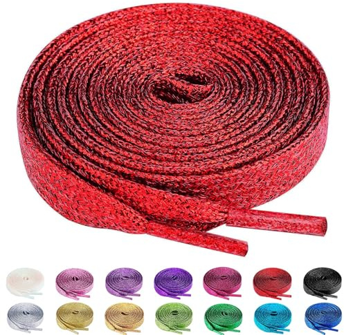 Olukssck 2 Pares Cordones Planos de Lentejuelas Metálicas para Zapatillas, Cordones Purpurina Premium Repuesto para Zapatos para Calzado Deporte y Botas, Rojo, 120cm