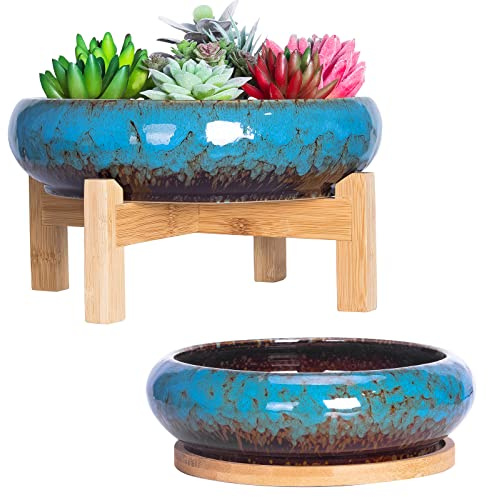ARTKETTY Succulent Plant Pot - 18.5/25 CM Large Bonsai Pot with Tray Set of 2, Colorful Succulent Pot Ceramic Pots for Cactus Plants Garden Decorative Flower Pot