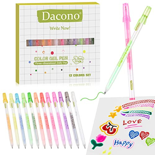 Dacono Bolígrafos de Tinta de Gel, Juego de 12 Bolígrafos de Gel de Color, Bolígrafos de Tinta de Gel 3D 1.0mm Bolígrafos de Gel para Colorear DIY Bolígrafos para Pintar