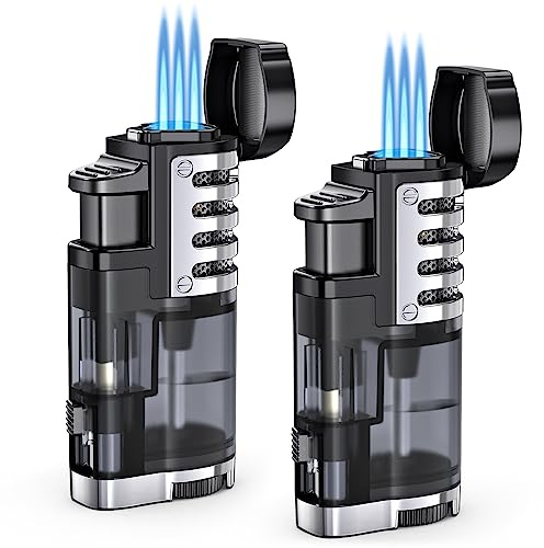 Torch Lighter Butane Refillable Triple Jet Flame Torch Lighters, Windproof Adjustable Flame Butane Torch Lighter with Punch 2 Pack (Without Fuel)