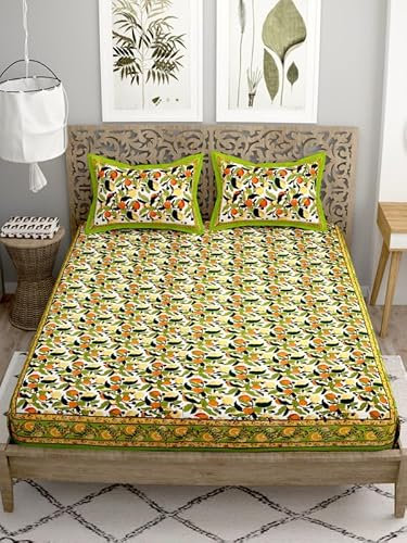 ANGANI Bettlaken, handbedruckt, Baumwolle, Gelb + grünlicher Rand, 2 Stück