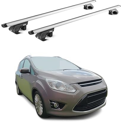 OMAC Barre Portatutto Alluminio TÜV geprüft per Ford C-Max II 2010-2019 – per Rail Tetto Standard – T Nut – Max 90 kg – 2 Schlösser Argento