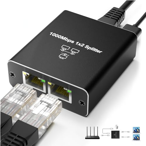 Gigabit Ethernet Splitter 1 to 2, LAN Cable Splitters High Speed 1000Mbps RJ45 Ethernet Switch with USB C Power Cable for Cat5/5e/6/7/8 Cable