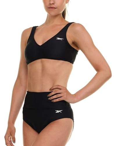 Reebok Women's Bralette Bikini Set, High Waisted Swimsuits Bottoms Black