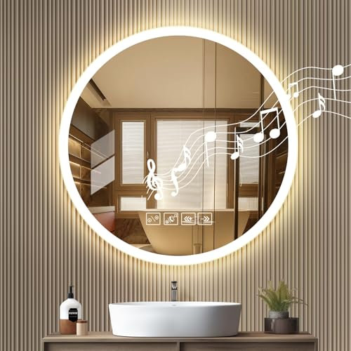 Bluetooth Miroir Salle de Bain avec Eclairage 60 x 60 cm,Miroir Lumineux Salle de Bain Mural,Miroirs LED Sall𝐞 d𝐞 Ba𝐢n avec Anti-Buée,Interrupteur Tactile,3 Couleurs Lumière,Dimmable,Mémoire