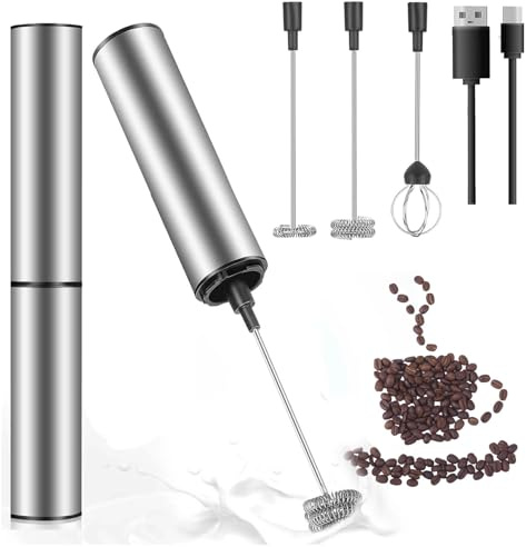 Edelstahl Elektrischer Milchaufschäumer, 3-in-1 Mini-Handmixer Elektrisch USB Wiederaufladbar, Schnellschaum, Handheld Milchschäumer Stab Für Cappuccino/Macchiato/Heiße/Schokolade/Eischnee