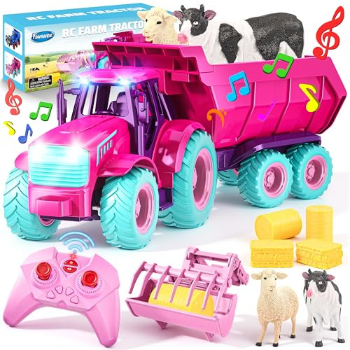 Funwee RC Tractor Toy Set with Light & Sound, Kids Farm Car Animal Trailer Wheels Remote Truck, Outdoor Vehicle Toys Birthday Gift Idea for 3 4 5 6 7+ Years Old Toddler Boys and Girls(Rose red)