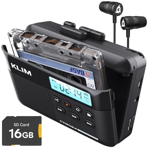 K7 Cassette Player con auricolari F1 - Convertitore Cassette MP3 - Lettore Cassette Audio Portatile - Microfono e Altoparlante Incorporati - Batteria Ricaricabile - Scheda SD da 16 GB - Nero