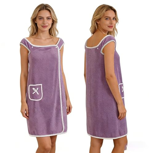 HUANYO Wearable Towel - Absorbent Bath Wrap & Beach Dress with Pockets for Women, Soft Bathrobe Poncho for Spa, Pool, Swimming, Vacation, Suitable for Home, Beach, Sauna (Color) (Purple)