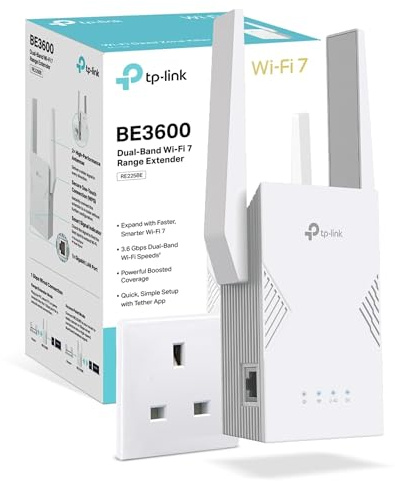 TP-Link RE225BE BE3600 WiFi Extender Booster,WiFi 7 Dual Band WiFi Booster with Ethernet Port,WiFi Extender with MLO/4K-QAM/Roaming,EasyMesh Internet Booster,APP control,Plug and Play
