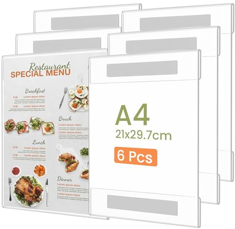 6 Pack Acrylic Sign Holders A4, Frameless Self-Adhesive Wall Poster Frames, Clear Acrylic Display Holders for Photos, Prints, Notices & Artwork (30×21.5cm)