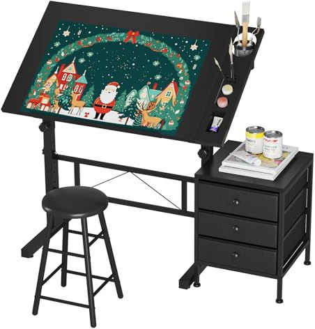 Dripex Adjustable Drafting Table, Art Drawing Table with Stool & Drawer | Height Adjustable, Cabinet with 3 Drawers, 0° to 60° Tiltable Drafting Table, Detachable Stationery Tray, for Artist Work